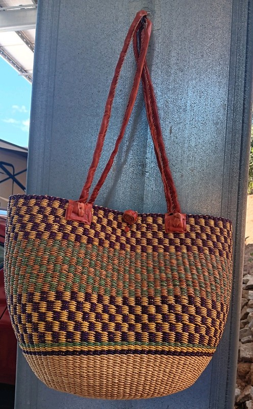 Round Straw Striped Bag Purple Blue Green w Leather Straps bohemian cottagecore