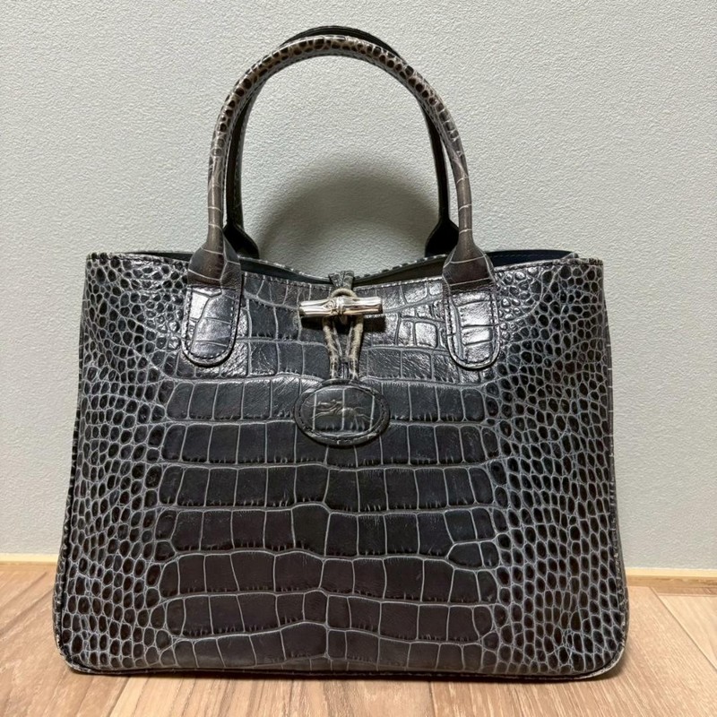 Longchamp Roseau Leather Tote Blue Croco Embossed Handbag Vintage Premium