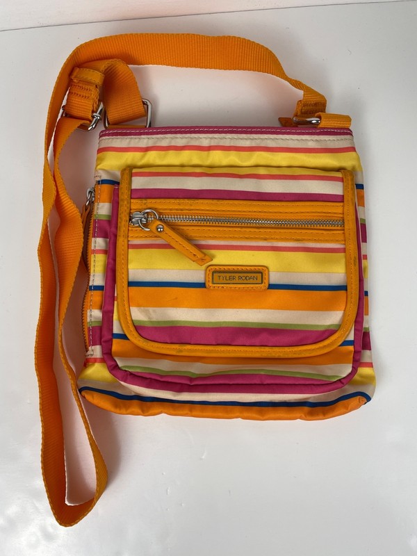 Tyler Rodan Striped Colorful Crossbody Bag Purse W/ Zipped Pockets Orange