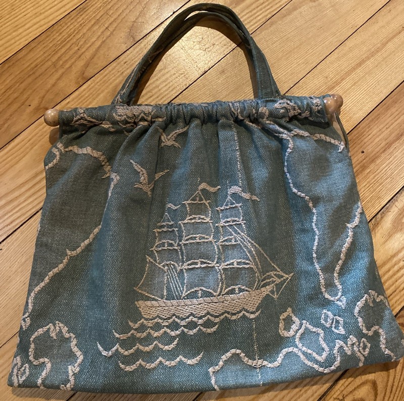 Antique Handmade Needlepoint Tapestry Clipper Ship Ocean Tote Sewing Bag