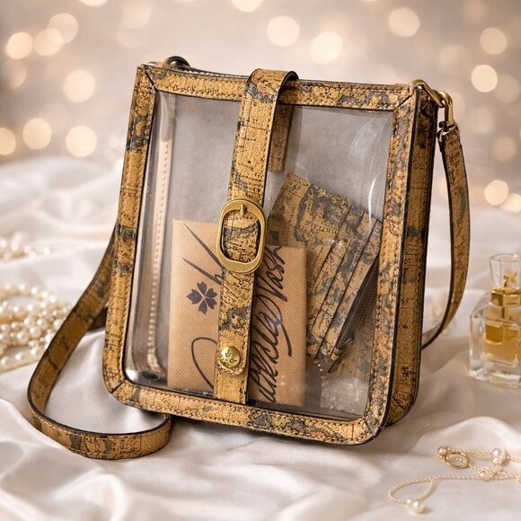 2 in 1 Patricia Nash Clear Leather Trim Venezia Crossbody Bag Tan w Card Case