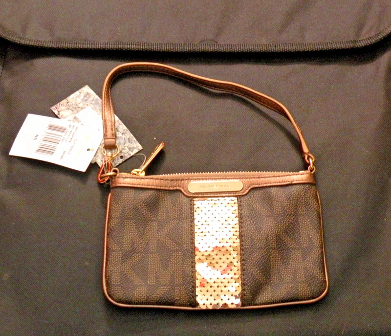 Michael Kors Brown MK Logo Gold Sequin Wristlet, Vintage New Old Stock with Tags