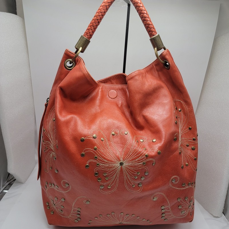 Nordstrom Orange Hobo Bag Intricate Stitching & Rivet Magnet Close Rope Handle