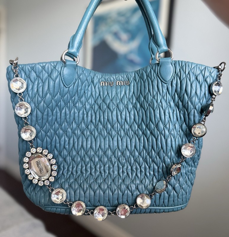 Miu Miu Matelasse Crystal Convertible Tote Teal Leather Both Straps COA