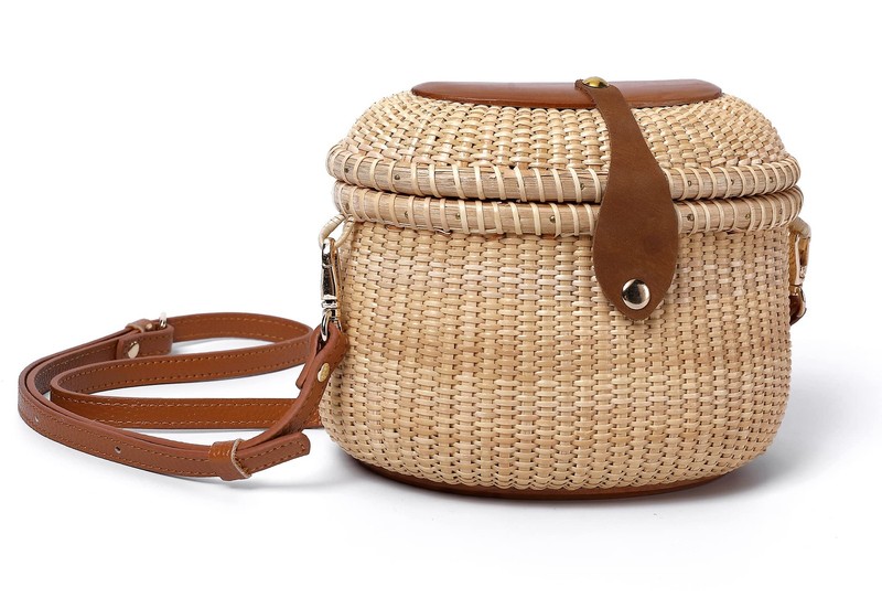 Nantucket Crescent Purse Basket Shoulder Leather Straps Natural Chic Hand Han…