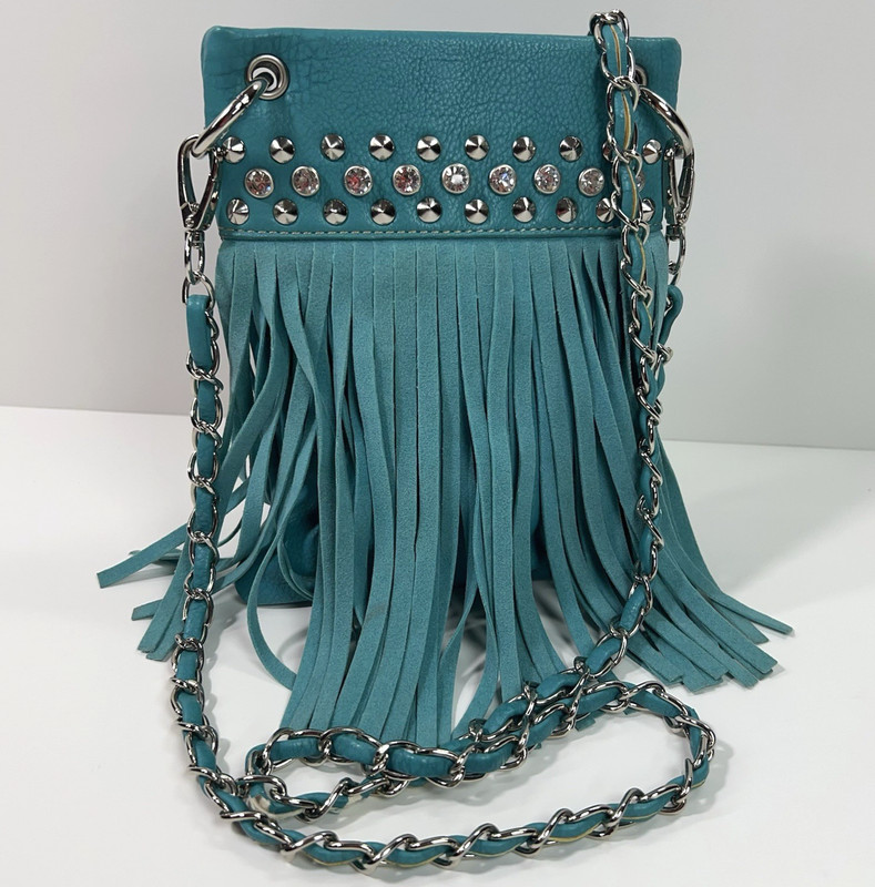 APT 9 Faux Leather Rhinestone Studded Crossbody Bag Chain Link Fringe Turquoise