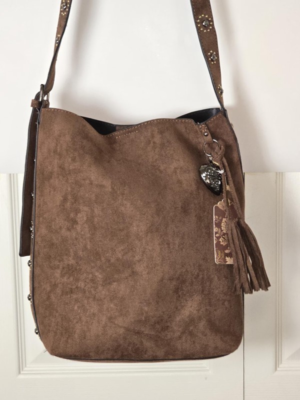 Faux Shoulder Tote Sam Hadley Brown Gold Stud Strap Tassel Heart Charm