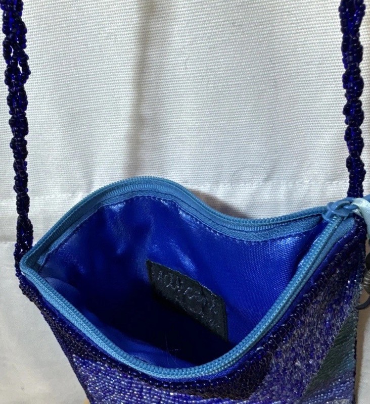 Millicent Fine Handbag Blue Beaded Flower Purse Long Bead Strap W/ Silver Poppy gallery