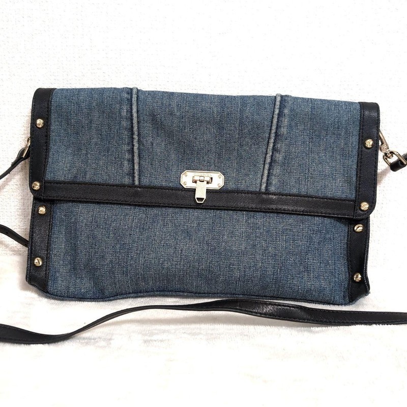 DIESEL Denim Shoulder Bag Blue and Black Mixed Material Metal Lock Studs gallery