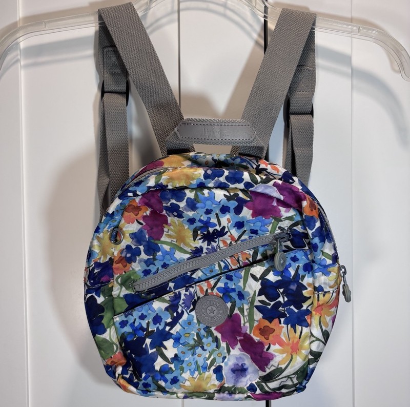 Kipling Backpack Floral Multicolor Small Mini Gray Straps Summer Vacation Events