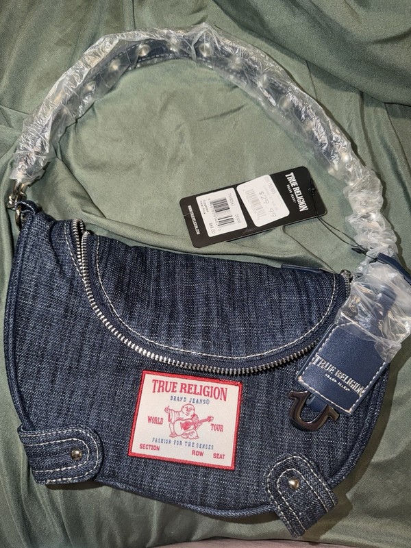 True Religion Small Blue Crescent Shoulder Bag Zip Top Studs Detachable Strap