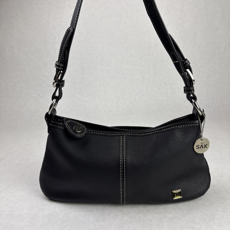 The Sak Handbag Black Textured Pebbled Leather Should Strap Logo Charm See Photo