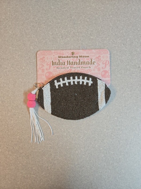Wandering Moon India Handmade Beaded Football Pouch Brown White Stripped