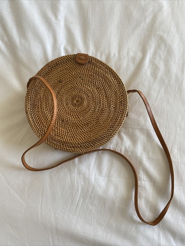 BALINESE Rattan Woven Round Shoulder Bag Crossbody 9″ Lined HANDMADE IN BALI