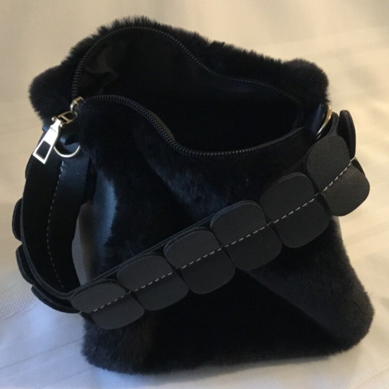 Small Black Faux Fur Short Barrel Purse Black Stitched Top Handle gallery