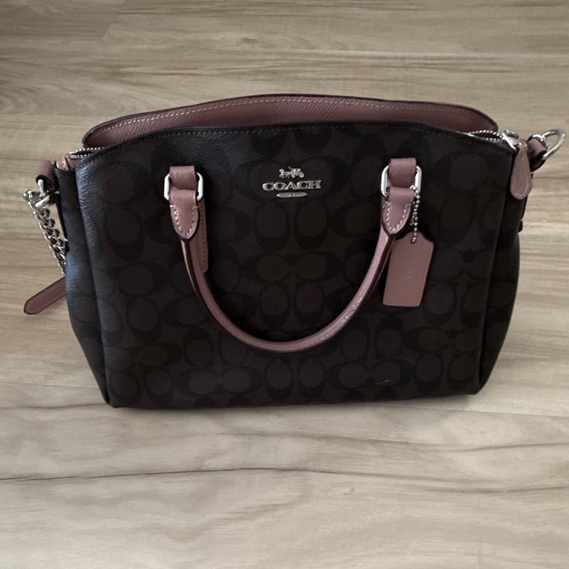 Coach Signature Logo Satchel Top Handle Crossbody Brown Pink Strap Silver gallery