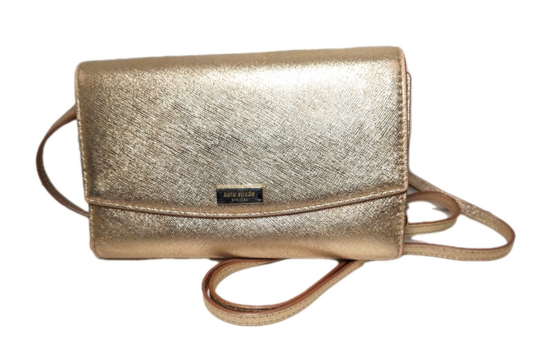 Kate Spade Laurel Winni Metallic Rose Gold Purse Shiny Pink Tri-fold Wallet Bag