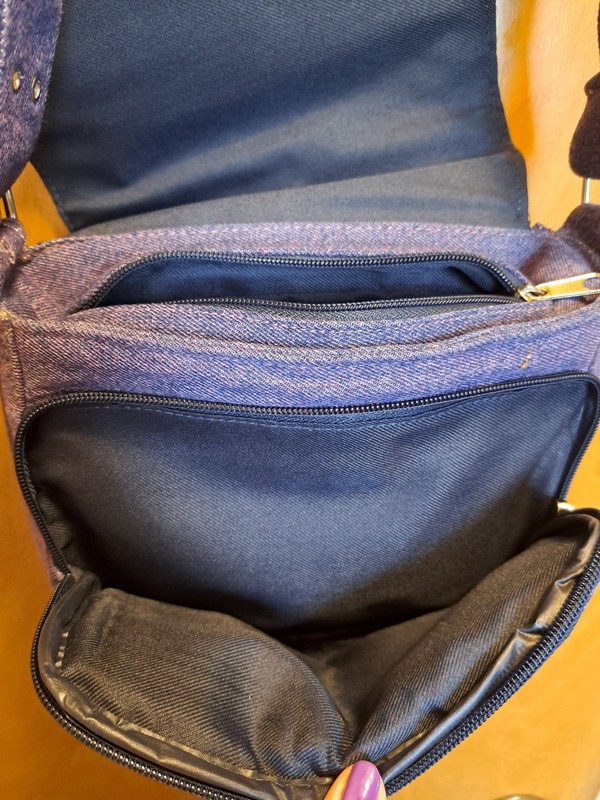 Womens Denim Crossbody Purse With A Pink Hue & Stitching. Multiple Compartment. gallery