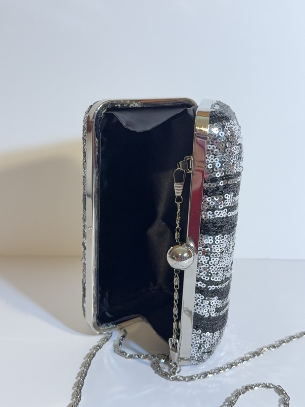 Tasha Silver Evening Clutch Coctail Hard Shell Black Sequins Icicles Purse gallery