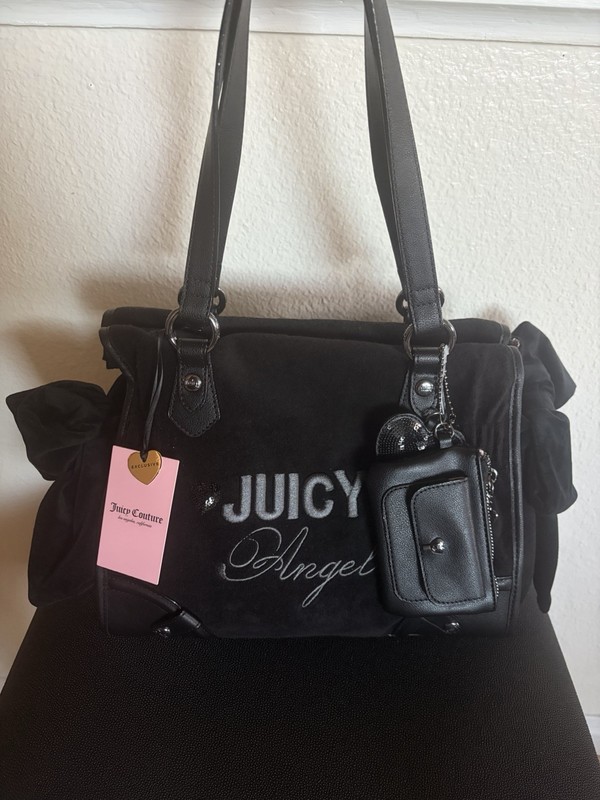 Juicy Couture Black Angel Logo Shoulder Bag Zip Charm Pouch