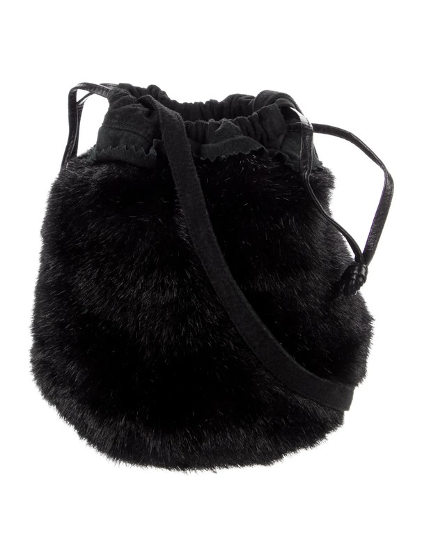 Dennis Basso Faux Mink Fur Drawstring Closure Shoulder Bag w Leather Trim Black