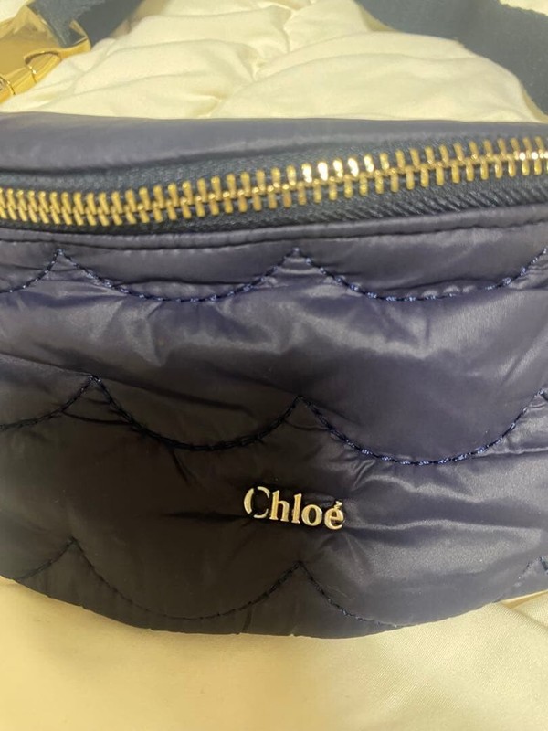 Chloe Navy Quilted Nylon Waist Bag Goldtone Wavy Design Adj Strap Auth gallery