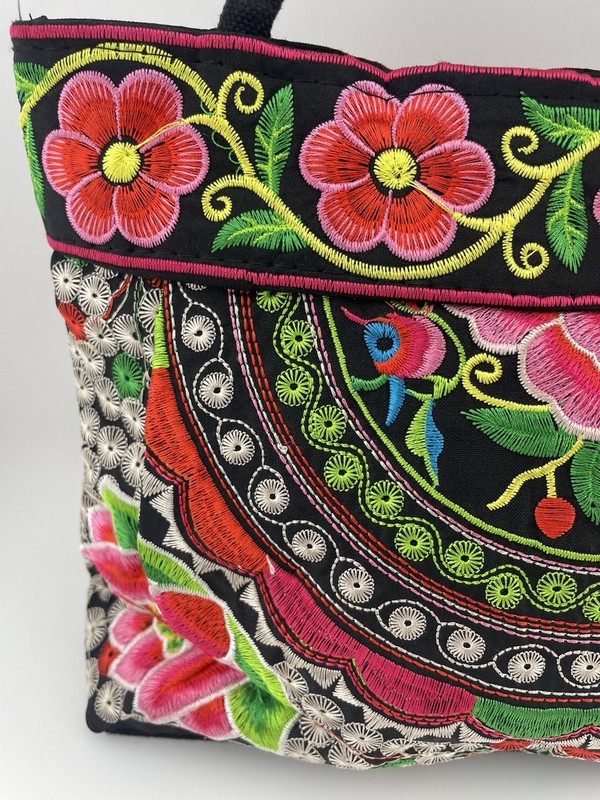 Embroidered Handbag Black With Vibrant Colorful Flowers On Both Sides Zippered gallery