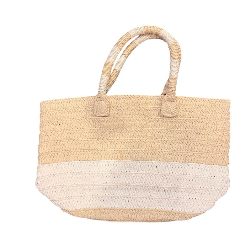 ALTRU Straw Tote Bag Woven Raffia Beach Handbag Two-Tone Neutral White Boho