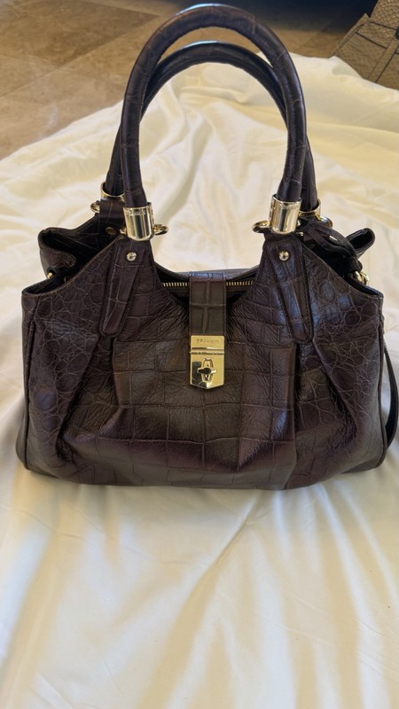 Brahmin Brown Crocodile Satchel Top Handle Bag Detachable Strap Turn Lock gallery