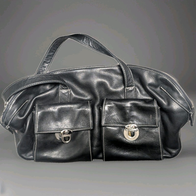 Perlina New York – Black Leather Shoulder Bag Satchel Purse-Used Good Condition