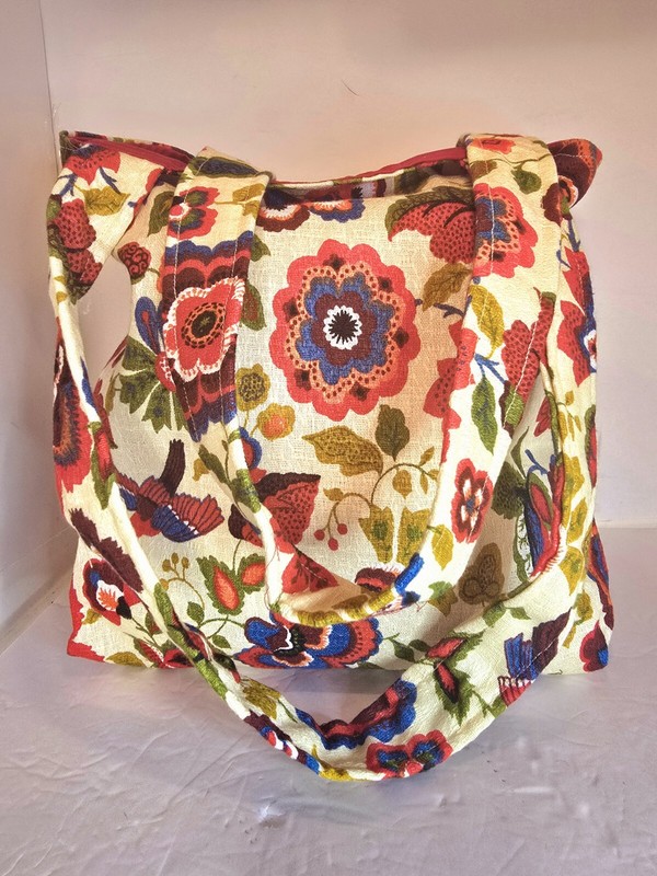 Handmade Tote Bag. Vintage Red Print. 13×12 Handles 26″
