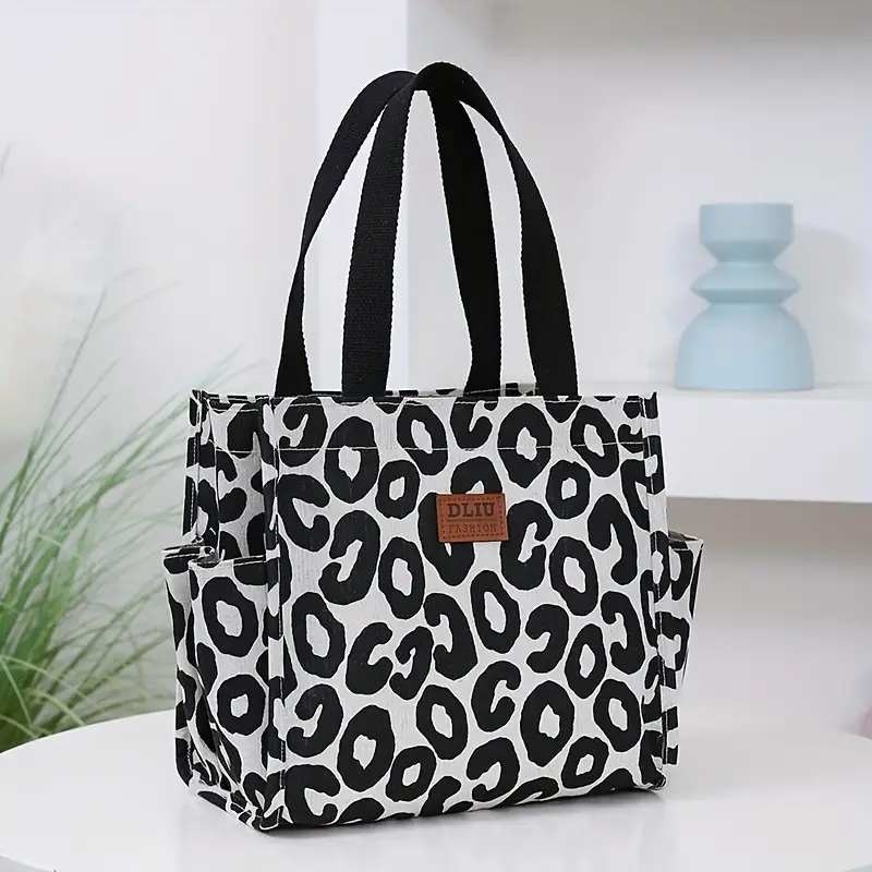Leopard Print Tote Bag with Side Pockets Canvas Shopper Handbag