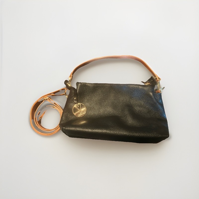 Valentina Leather Shoulder Bag Handbag Purse Pebble Black Made In Italy 13”x7”