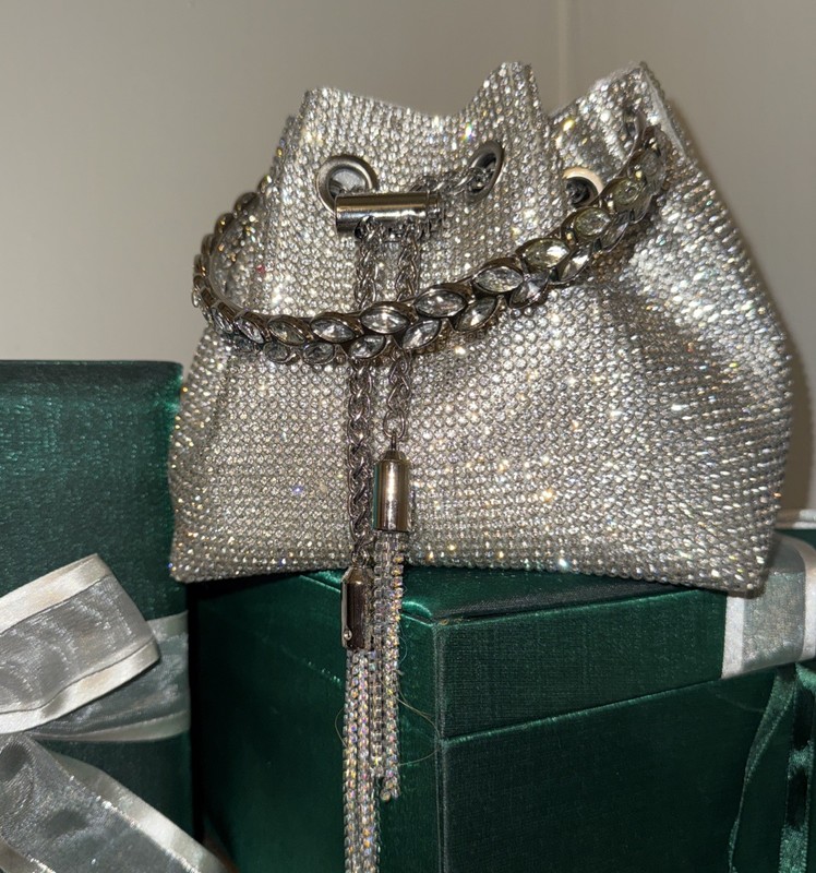Women Evening Clutch Bag Rhinestone Crystal Bucket holiday Party Purse W/Tassel