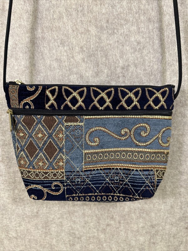 Danny K Crossbody Tapestry Floral Handbag Purse Blue Gold Black Made In USA