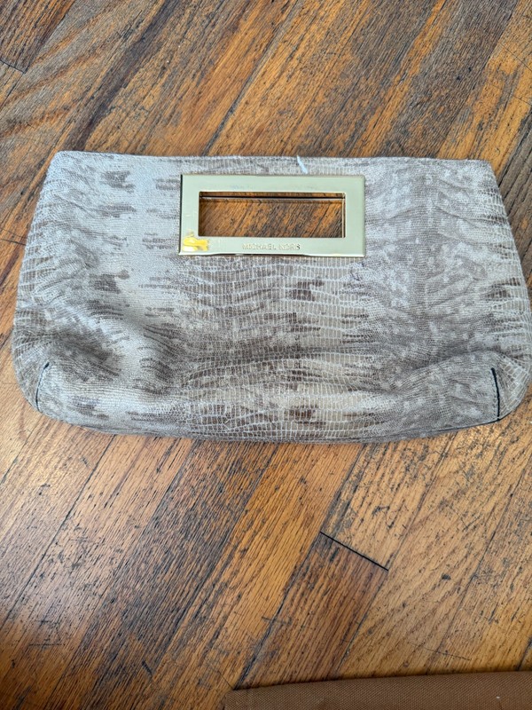 Michael Kors Berkley Purse Python Snake Embossed Leather Clutch Gold Taupe