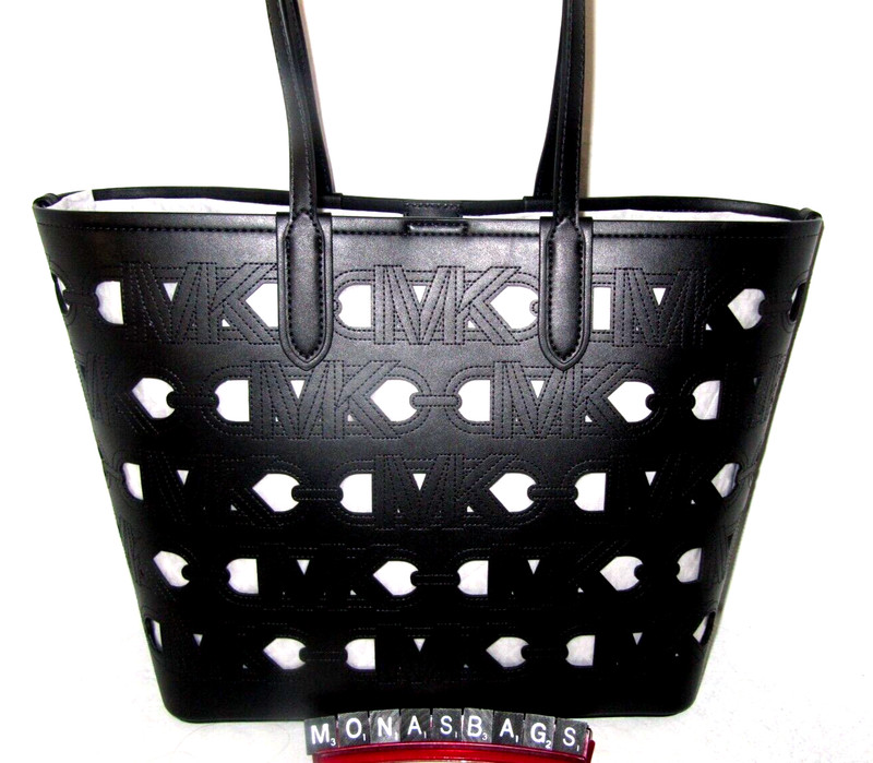 Michael Kors New Eliza NS Black Leather Open Large Tote Bag MK Initials NWT $298