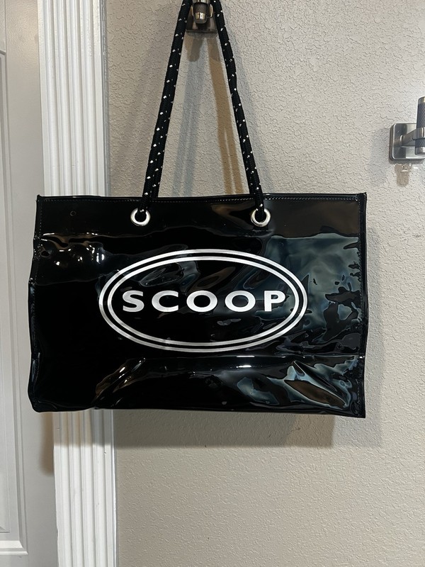 Scoop Black Tote Bag Logo Accent Open Top Shoulder Straps Silver Hardware