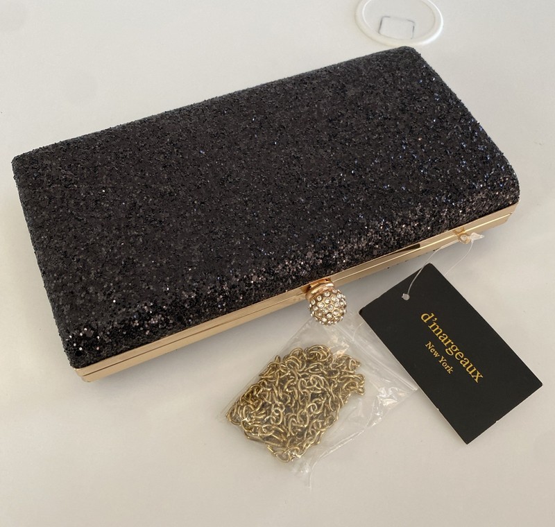 Shiny Black Evening Bag/Clutch/Purse with Gold Chain Formal Wear, Gala Purse