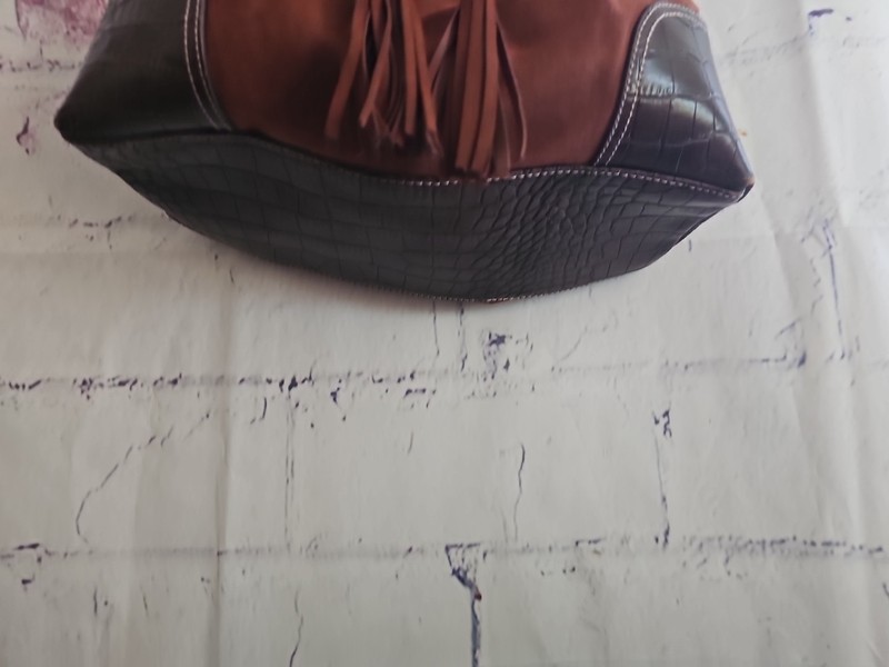 Brown Suede Faux Leather Drawstring Bucket Purse Shoulder Bag Large Magnet Snap gallery