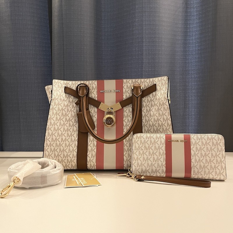 Michael Kors White/Brown Nouveau Hamilton Pink Stripe Large Satchel + Wallet
