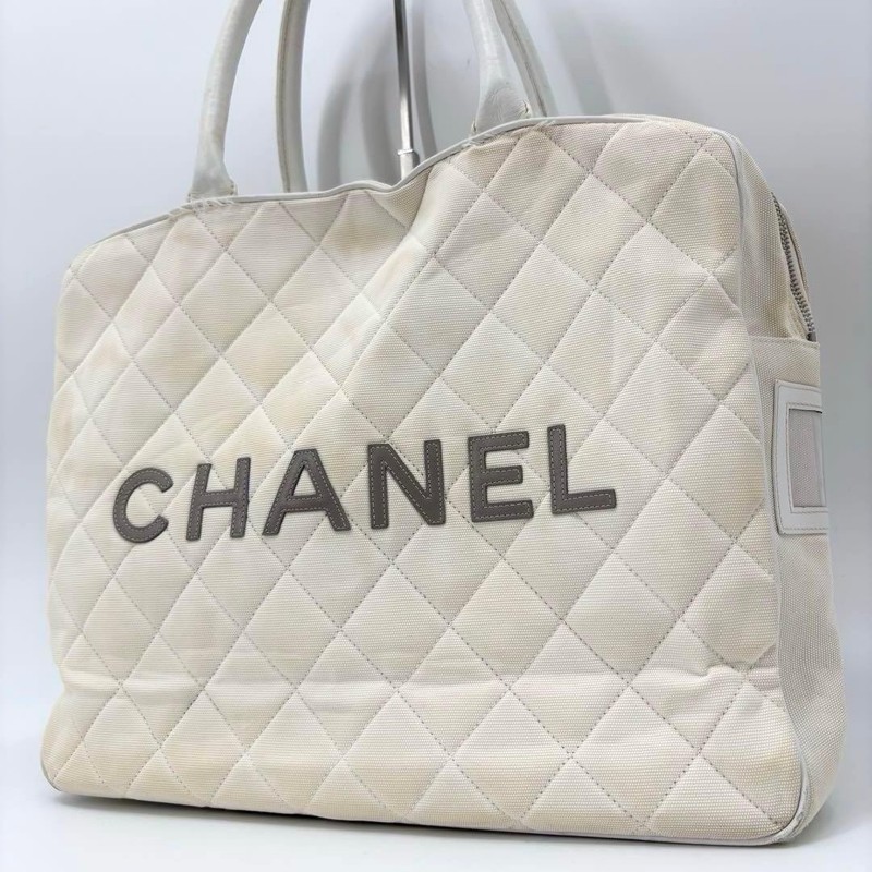Auth Chanel Sports Line Matelasse Canvas Tote Bag White Fair Stain From Japan