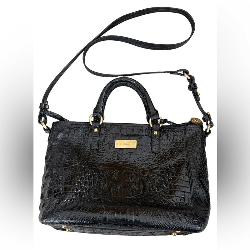 Brahmin Mini Arno tote bag in black Melbourne croc-embossed leather.