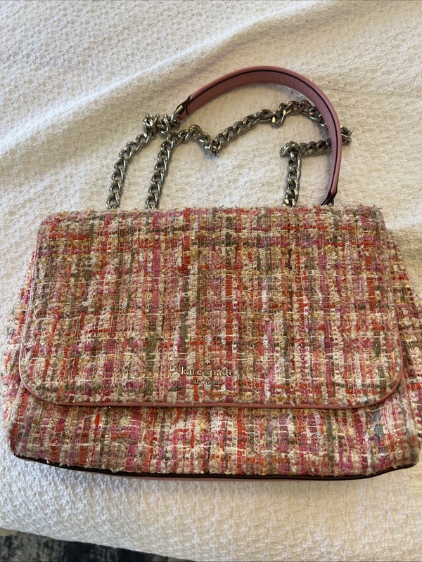 Kate Spade Quilted Tweed Emelyn Crossbody Bag Pink Orange Silver Chain