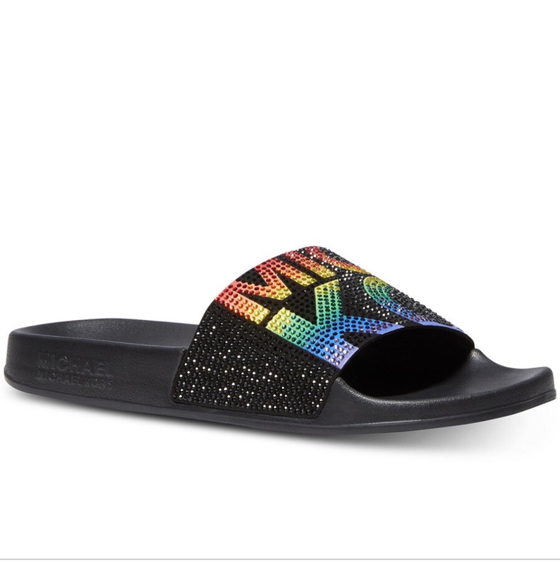 Michael Kors Gilmore Rainbow Black Micro-Suede Crystal Slides Women's Size 7 ❤️ gallery