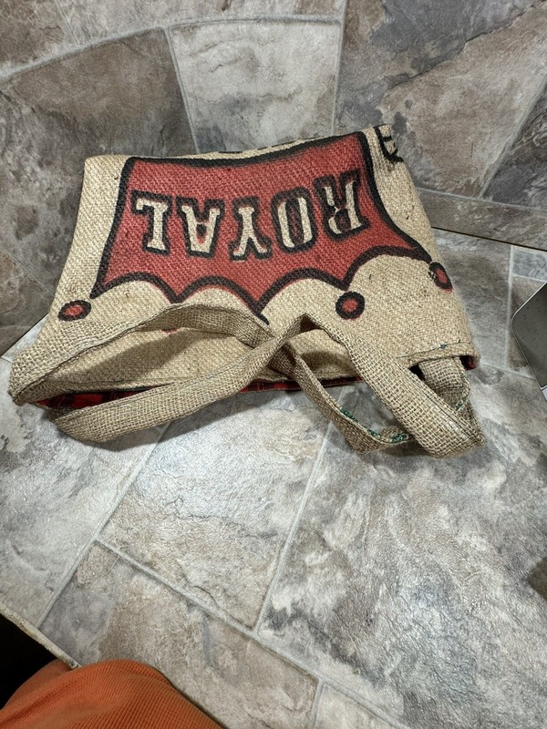 Burlap/Jute Handbag or Tote With Royal Printing Preowned gallery