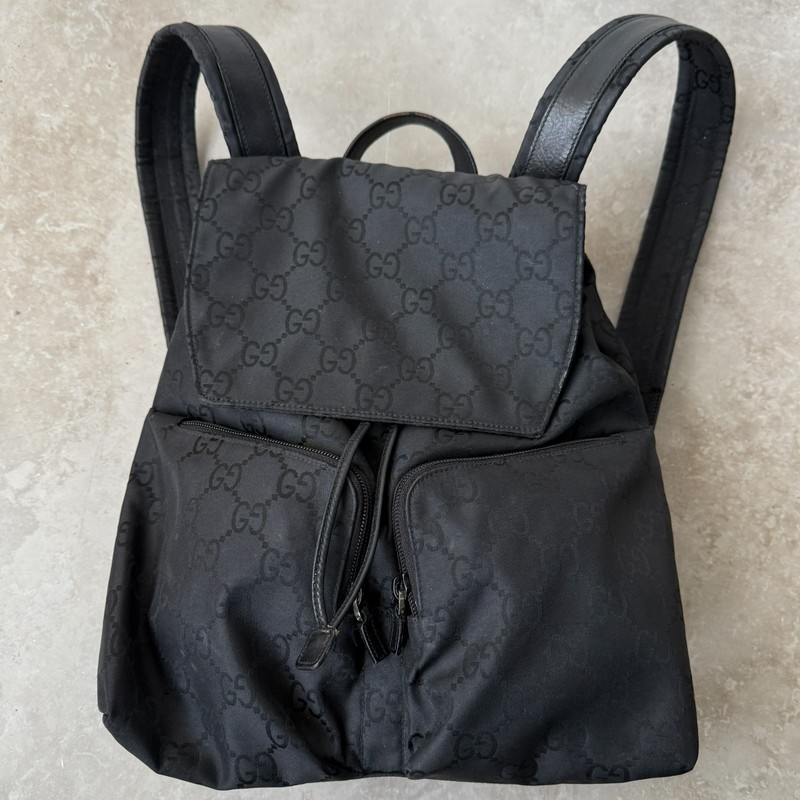 Authentic Gucci Monogram Backpack Black Nylon GG Monogram Double Pockets