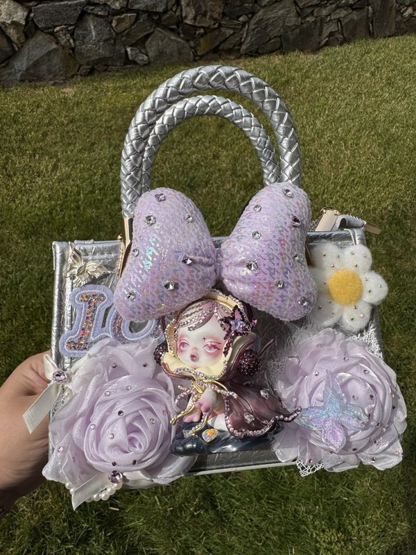 Custom Skullpanda Silver Satchel Handbag One-of-a-Kind Kawaii Art Purse