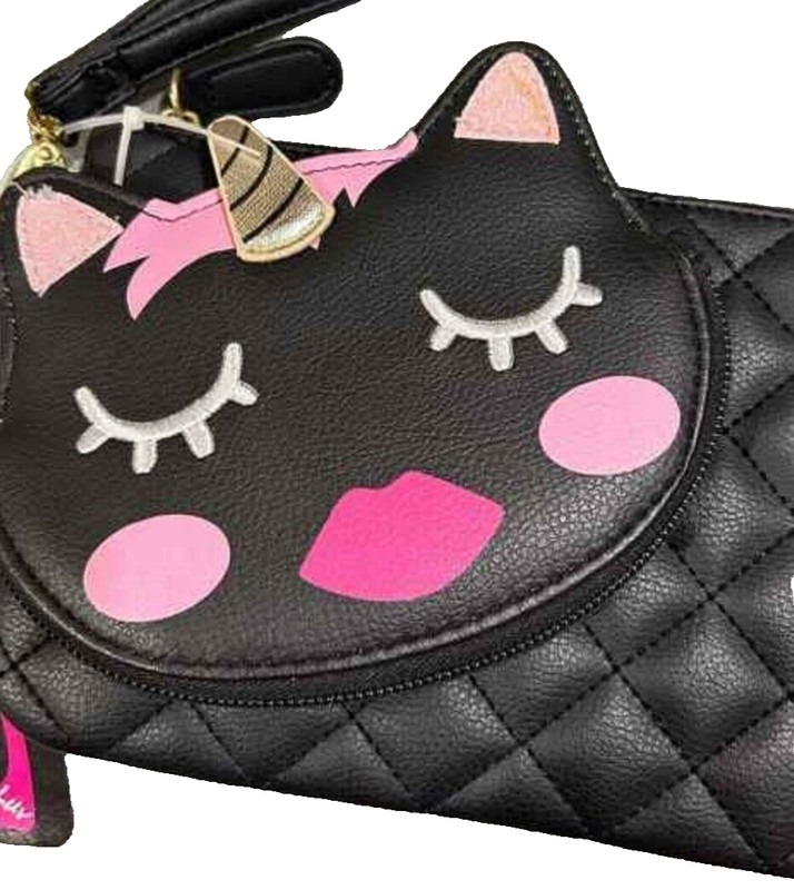 Betsey Johnson Wristlet Black Unicorn Cat Coin Purse Quilted Pouch Bag Set NWT