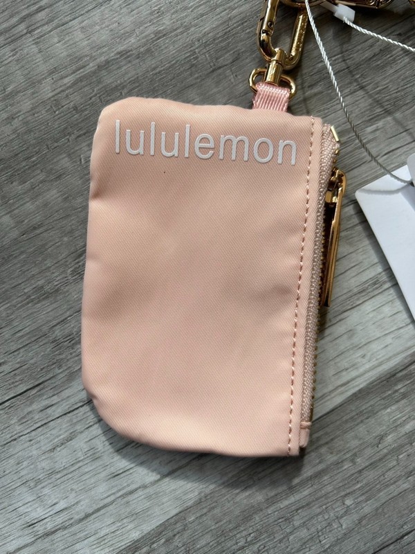 Lululemon Dual Pouch Wristlet Keychain Wallet Pink and White Gold Wordmark gallery